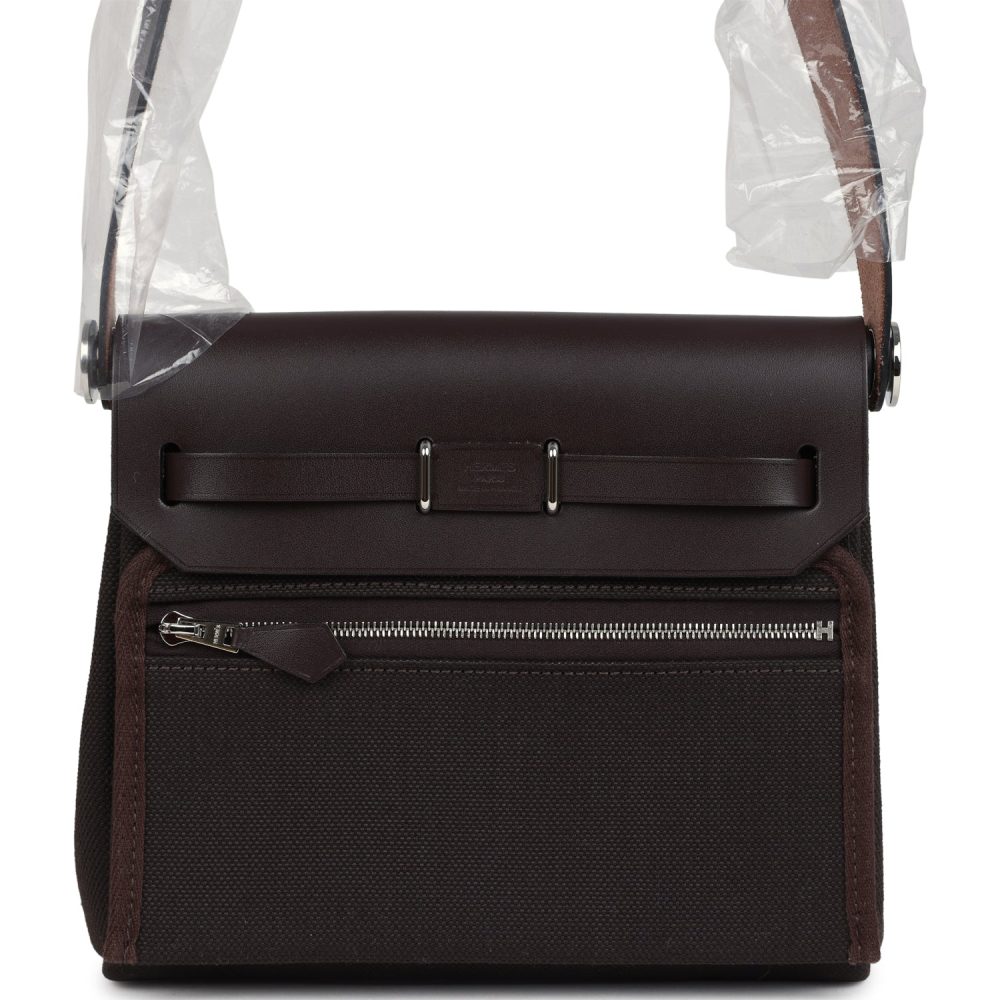 Hermes Herbag Zip 20 Mini Ebene Toile H Canvas and Vache Hunter Palladium Hardware - Image 4