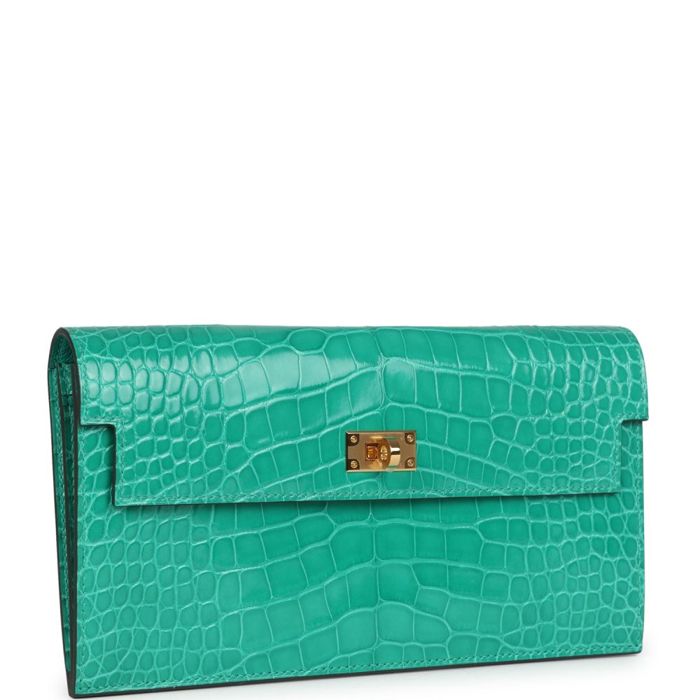 Hermes Kelly Pocket Long Wallet Vert Jade Shiny Alligator Gold Hardware - Image 2