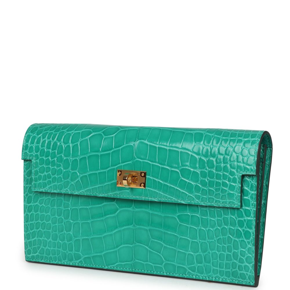 Hermes Kelly Pocket Long Wallet Vert Jade Shiny Alligator Gold Hardware - Image 5