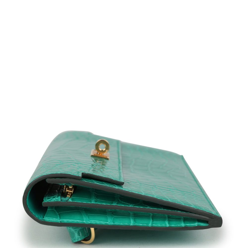 Hermes Kelly Pocket Long Wallet Vert Jade Shiny Alligator Gold Hardware - Image 3
