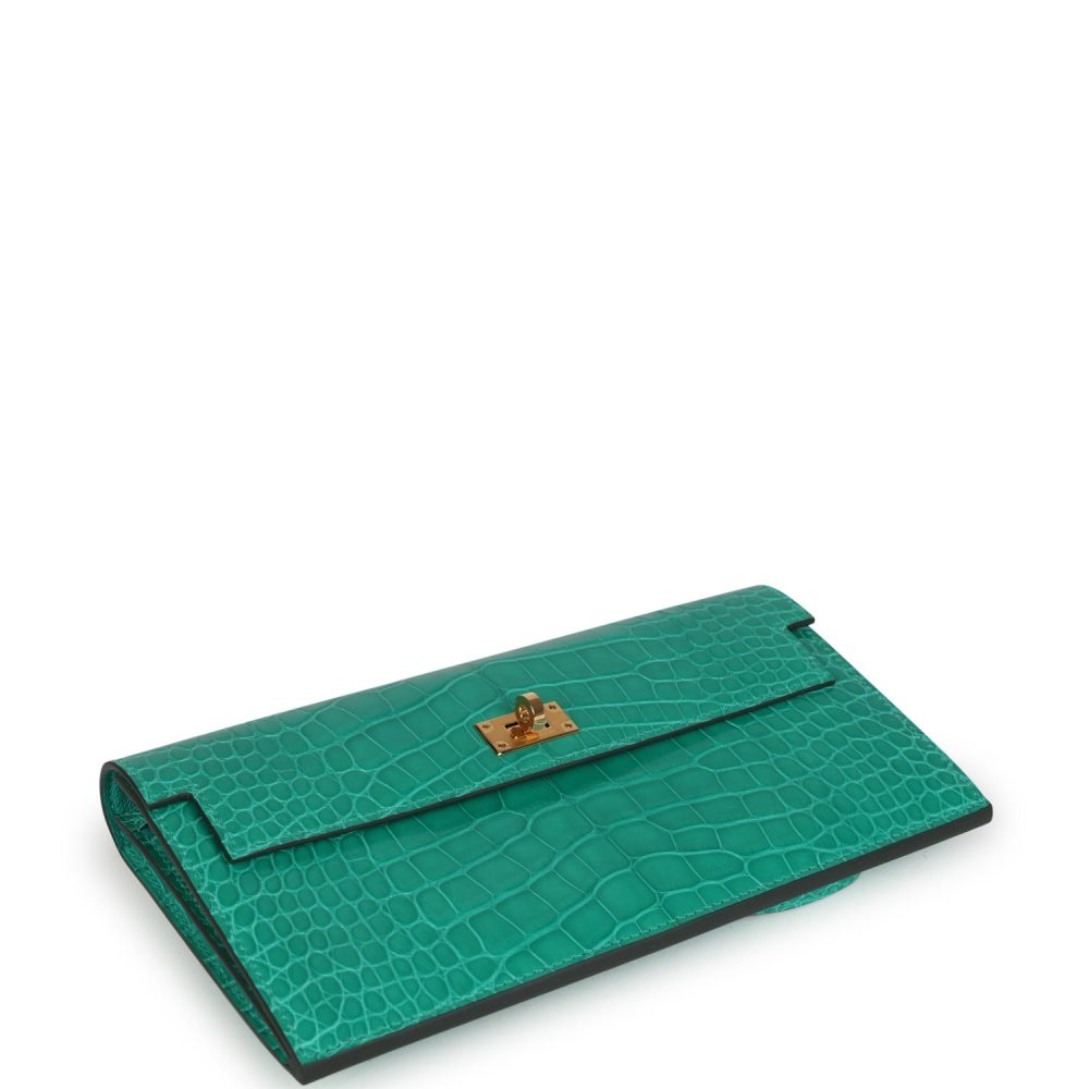Hermes Kelly Pocket Long Wallet Vert Jade Shiny Alligator Gold Hardware - Image 6