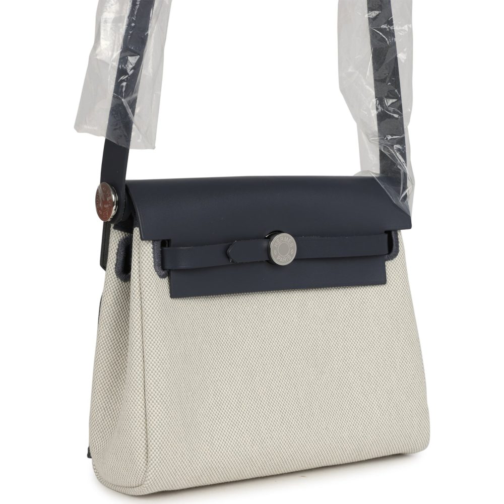 Hermes Herbag Zip 20 Mini Ecru and Bleu Glacier Toile H Canvas and Ardoise Vache Hunter Palladium Hardware - Image 2