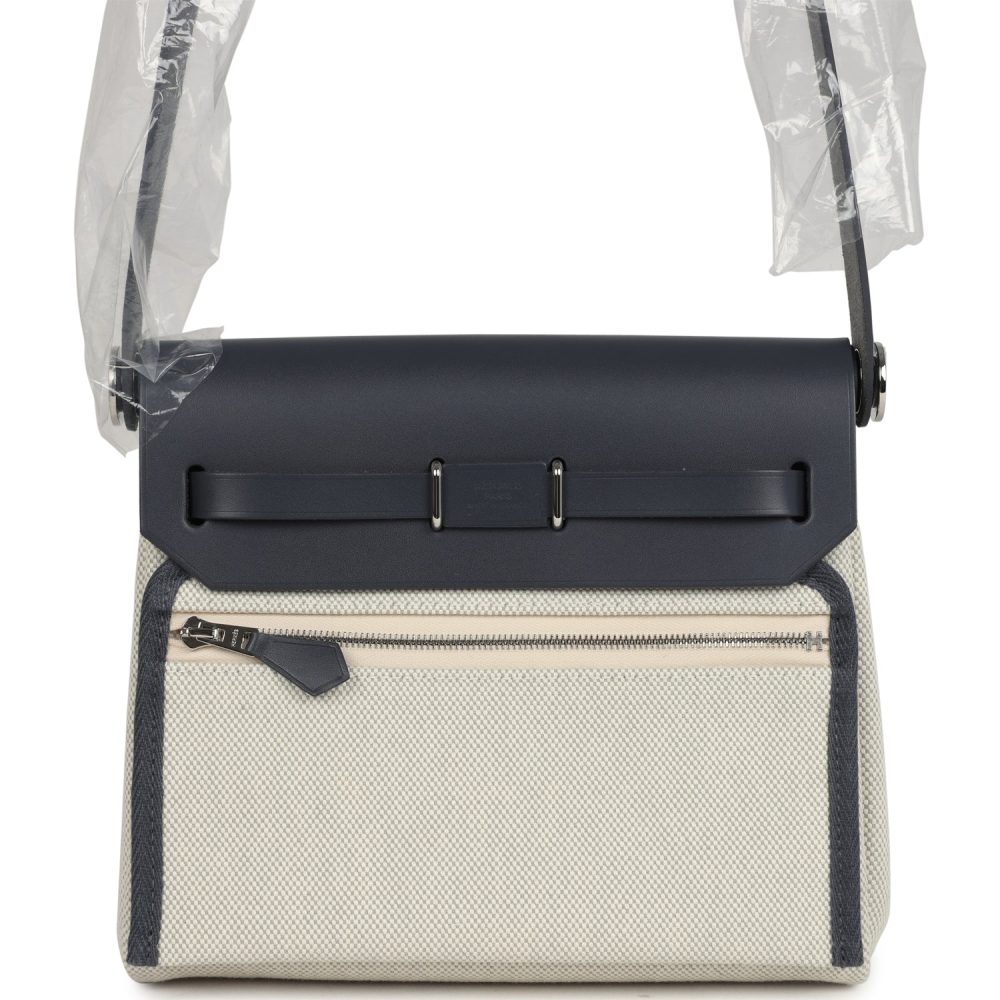 Hermes Herbag Zip 20 Mini Ecru and Bleu Glacier Toile H Canvas and Ardoise Vache Hunter Palladium Hardware - Image 4
