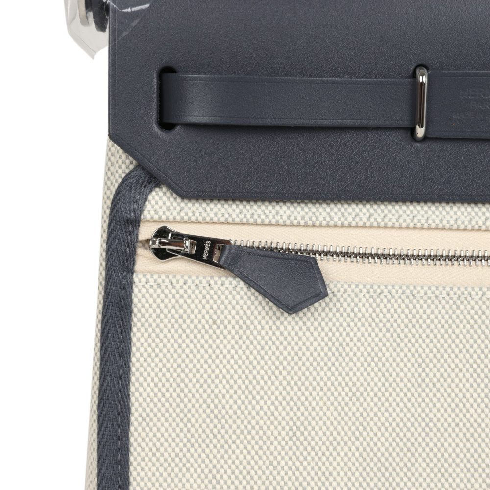Hermes Herbag Zip 20 Mini Ecru and Bleu Glacier Toile H Canvas and Ardoise Vache Hunter Palladium Hardware - Image 8