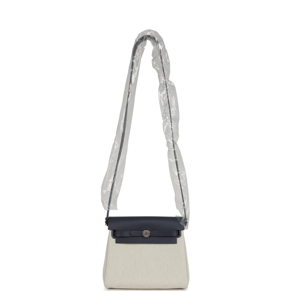 Hermes Herbag Zip 20 Mini Ecru and Bleu Glacier Toile H Canvas and Ardoise Vache Hunter Palladium Hardware - Image 9