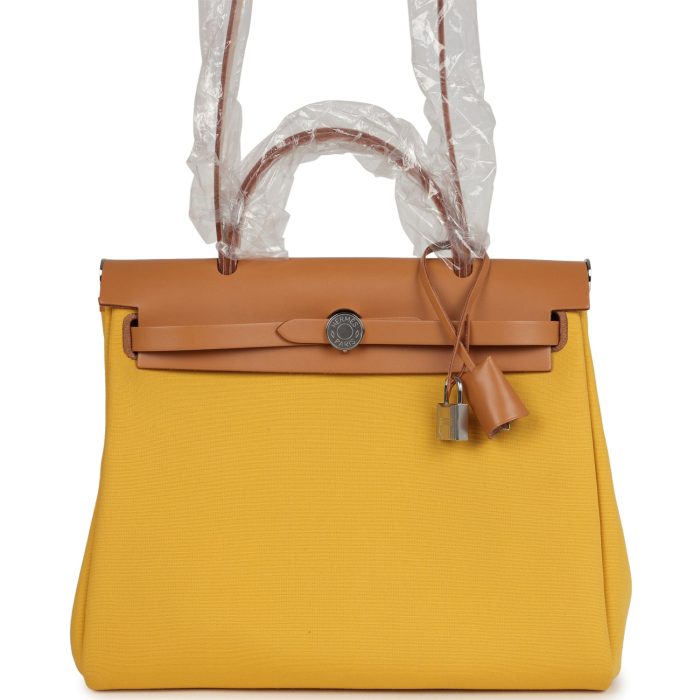 Hermes Herbag Zip 31 PM Soleil Toile H Canvas and Natural Sable Vache Hunter Palladium Hardware