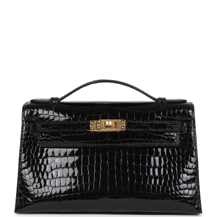 Hermes Kelly Pochette Black Shiny Porosus Crocodile Gold Hardware