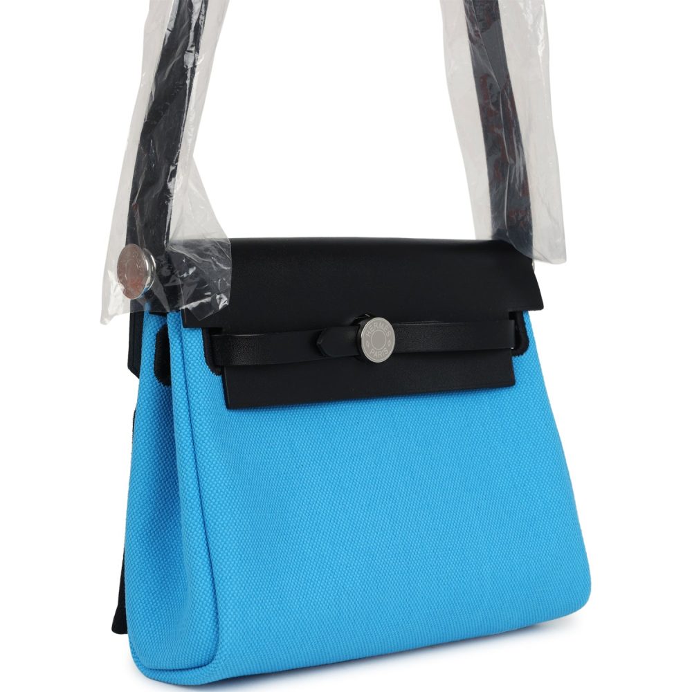 Hermes Herbag Zip 20 Mini Bleu Riviera Toile H Canvas and Black Vache Hunter Palladium Hardware - Image 2
