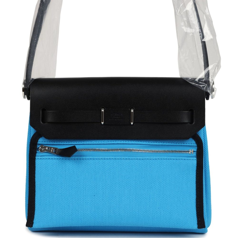 Hermes Herbag Zip 20 Mini Bleu Riviera Toile H Canvas and Black Vache Hunter Palladium Hardware - Image 4