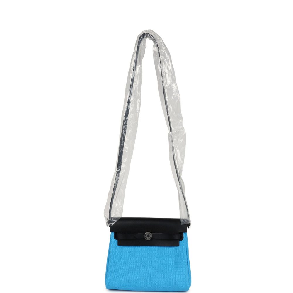Hermes Herbag Zip 20 Mini Bleu Riviera Toile H Canvas and Black Vache Hunter Palladium Hardware - Image 8