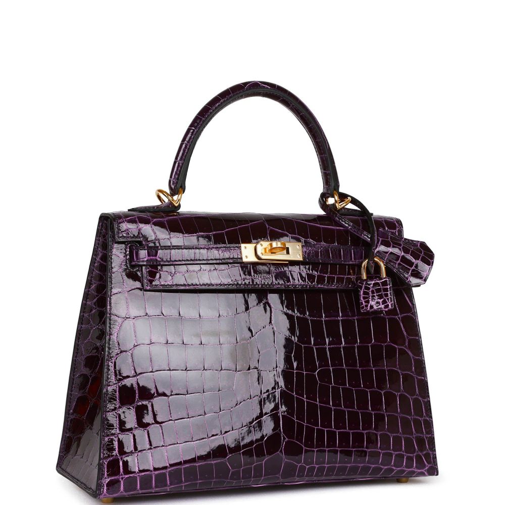 Hermes Kelly Sellier 25 Aubergine Shiny Niloticus Crocodile Gold Hardware - Image 2