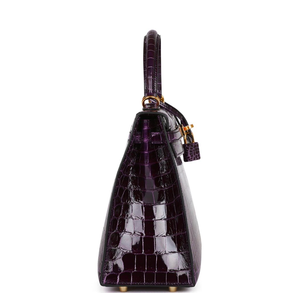 Hermes Kelly Sellier 25 Aubergine Shiny Niloticus Crocodile Gold Hardware - Image 3