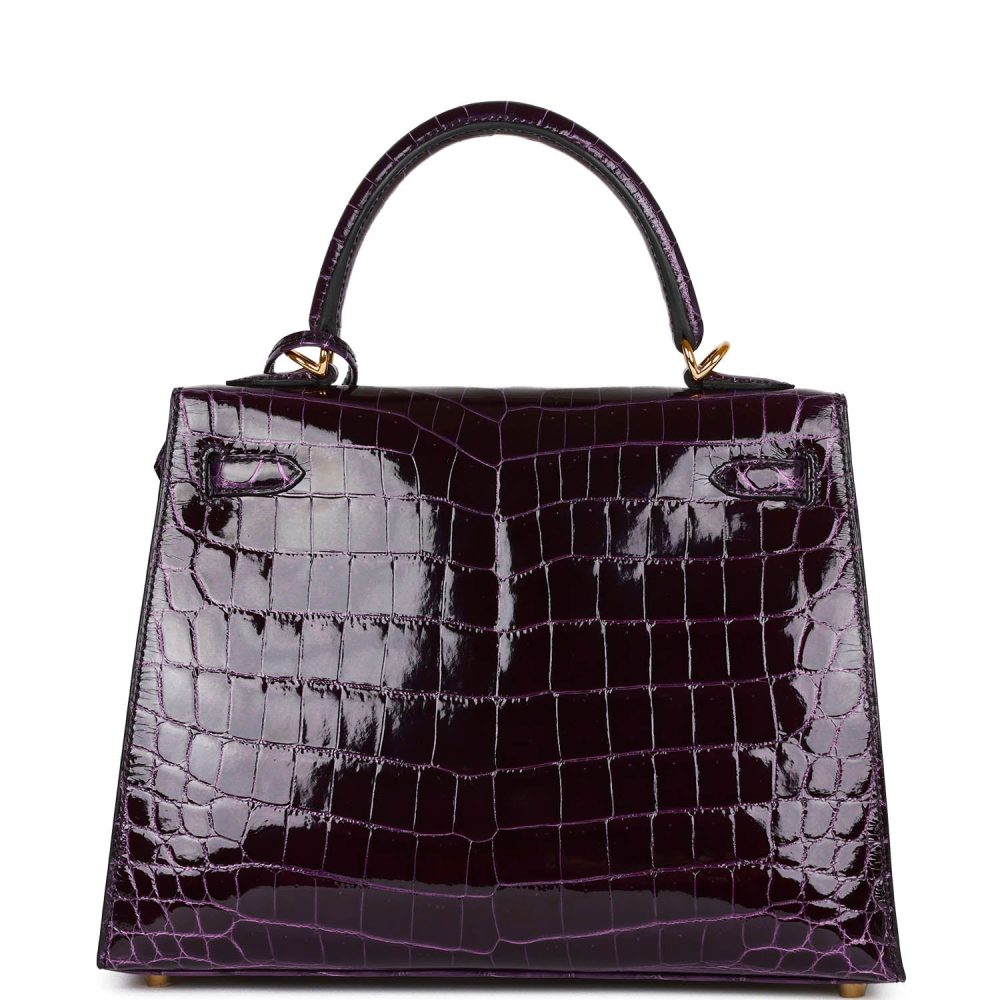 Hermes Kelly Sellier 25 Aubergine Shiny Niloticus Crocodile Gold Hardware - Image 4