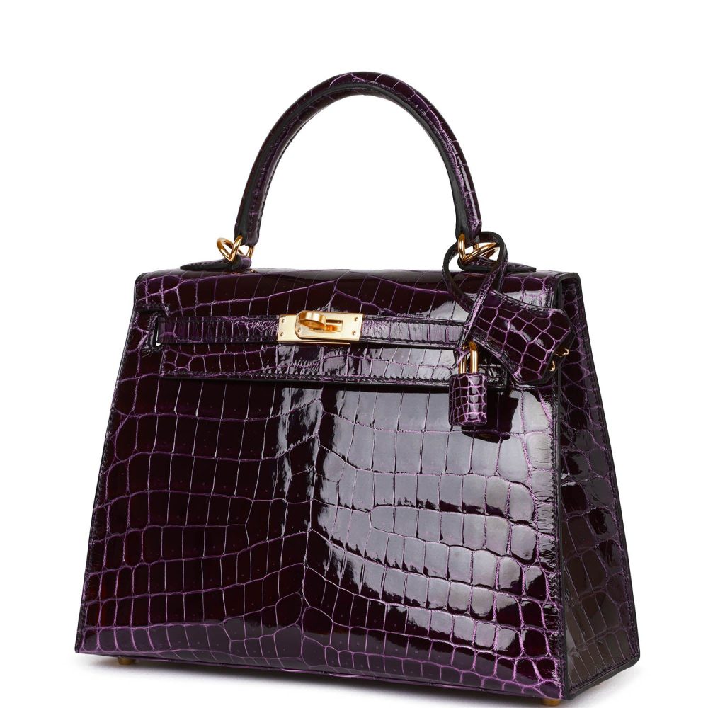 Hermes Kelly Sellier 25 Aubergine Shiny Niloticus Crocodile Gold Hardware - Image 5