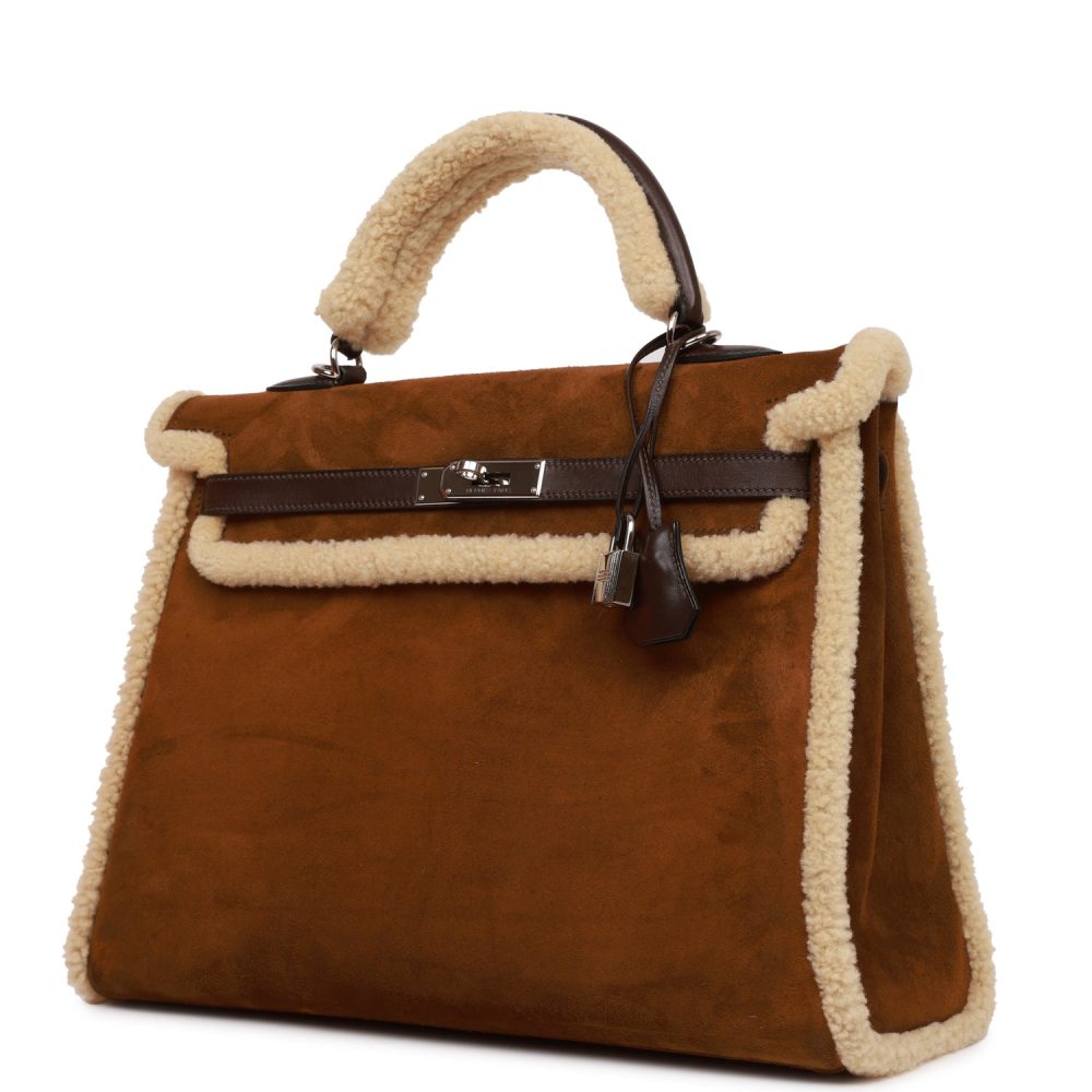Pre-owned Hermes Teddy Kelly 35 Shearling and Ebene Barenia Palladium Hardware - Image 5
