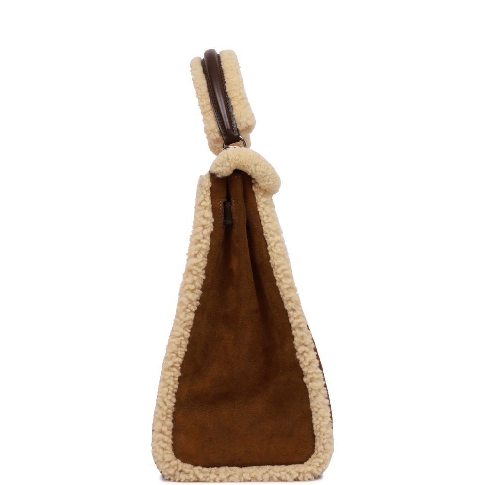 Pre-owned Hermes Teddy Kelly 35 Shearling and Ebene Barenia Palladium Hardware - Image 3