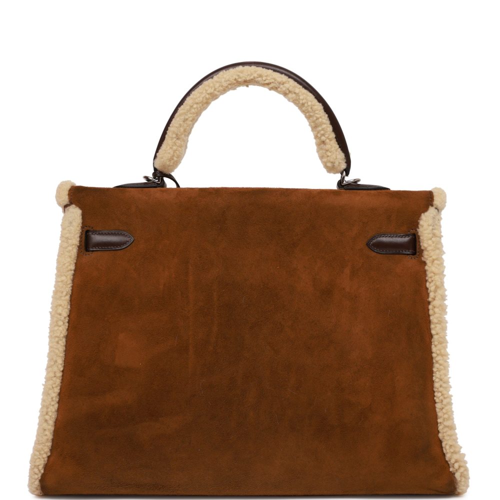 Pre-owned Hermes Teddy Kelly 35 Shearling and Ebene Barenia Palladium Hardware - Image 4