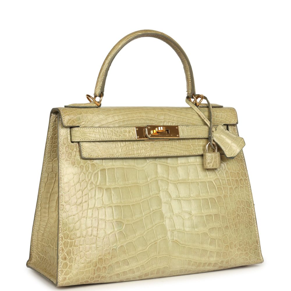 Vintage Hermes Kelly 28 Vert Celadon Natura Shiny Alligator Gold Hardware - Image 2