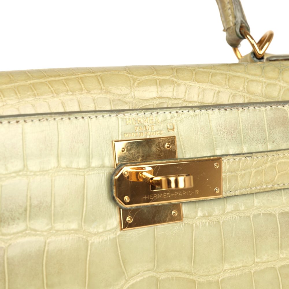 Vintage Hermes Kelly 28 Vert Celadon Natura Shiny Alligator Gold Hardware - Image 7