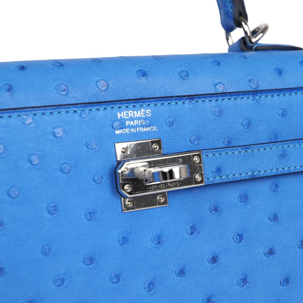 Hermes Kelly Sellier 25 Bleuet Ostrich Palladium Hardware - Image 7