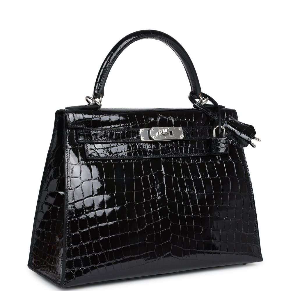 Hermes Kelly Sellier 28 Black Shiny Niloticus Crocodile Palladium Hardware - Image 2