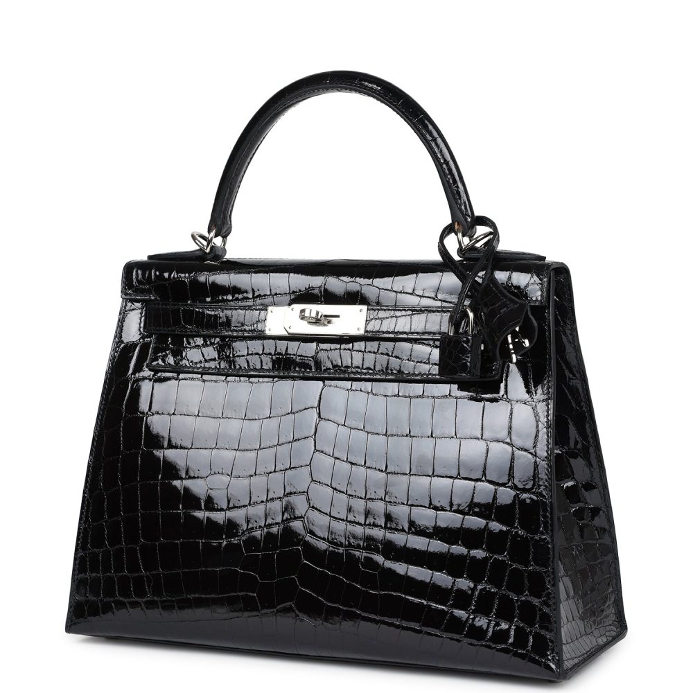 Hermes Kelly Sellier 28 Black Shiny Niloticus Crocodile Palladium Hardware - Image 5