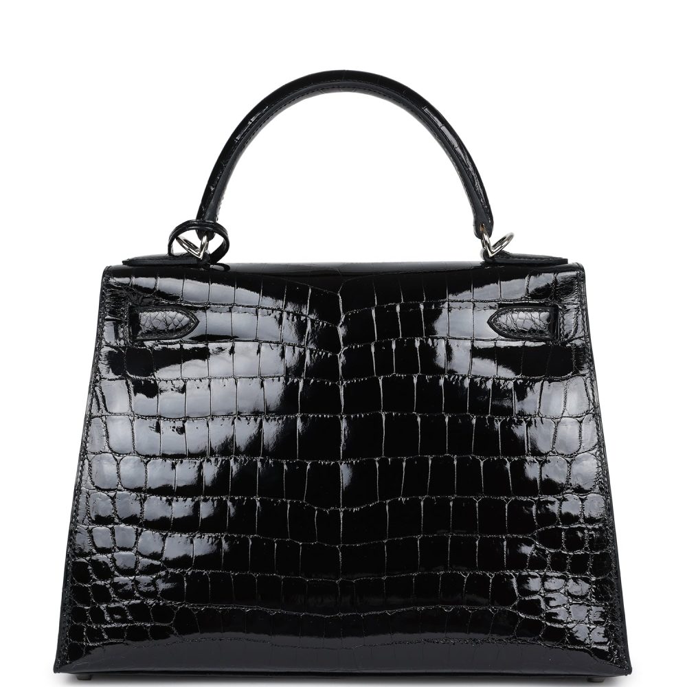 Hermes Kelly Sellier 28 Black Shiny Niloticus Crocodile Palladium Hardware - Image 4