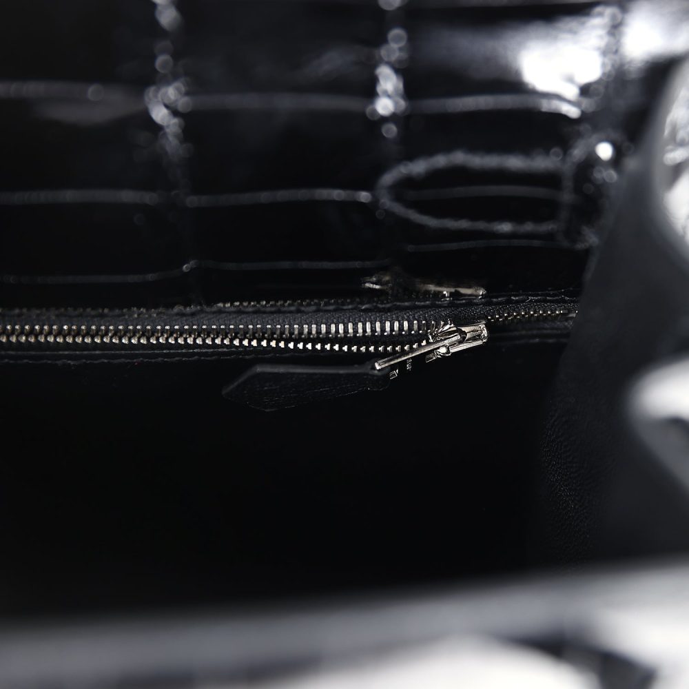 Hermes Kelly Sellier 28 Black Shiny Niloticus Crocodile Palladium Hardware - Image 9