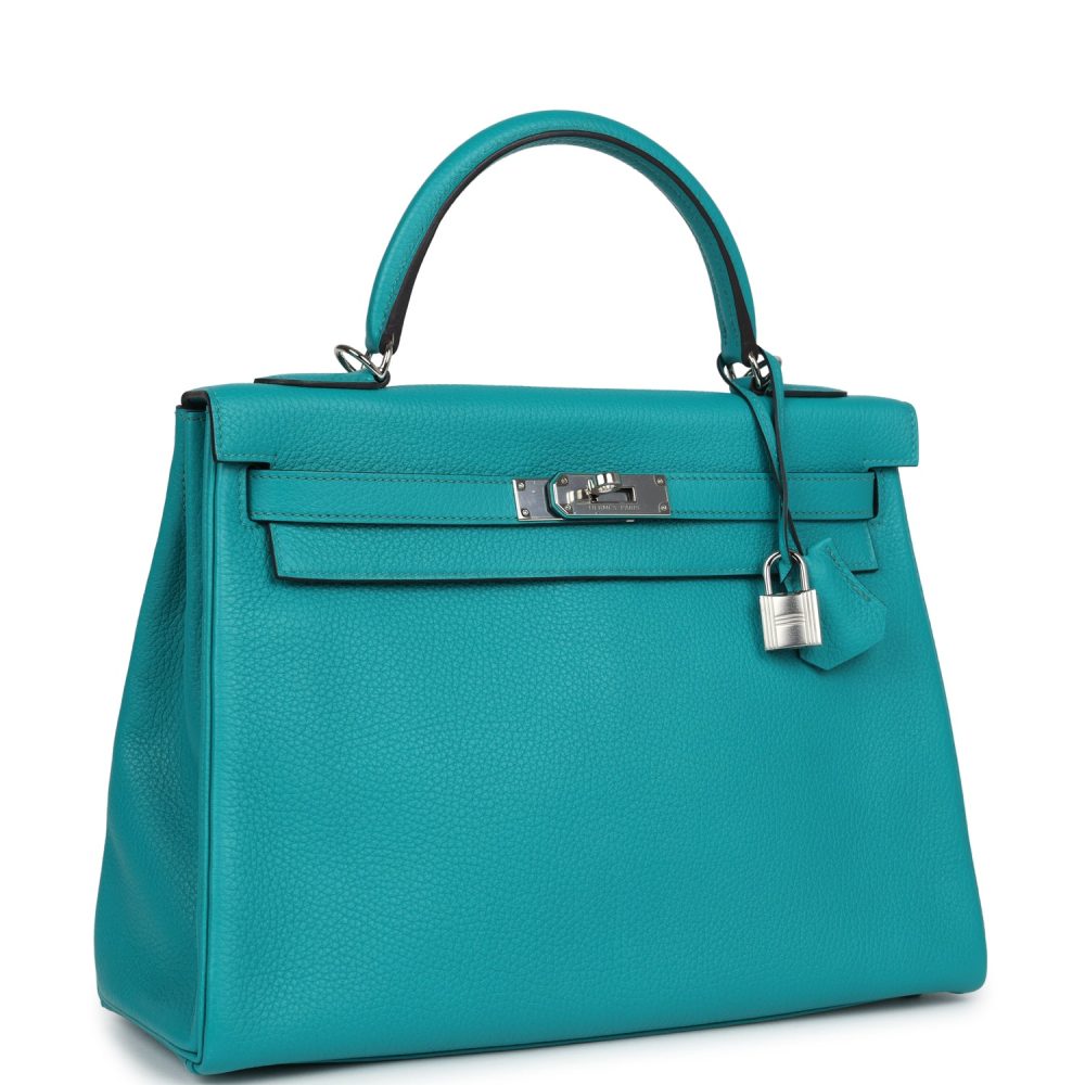 Pre-owned Hermes Kelly Retourne 32 Bleu Paon Clemence Palladium Hardware - Image 2