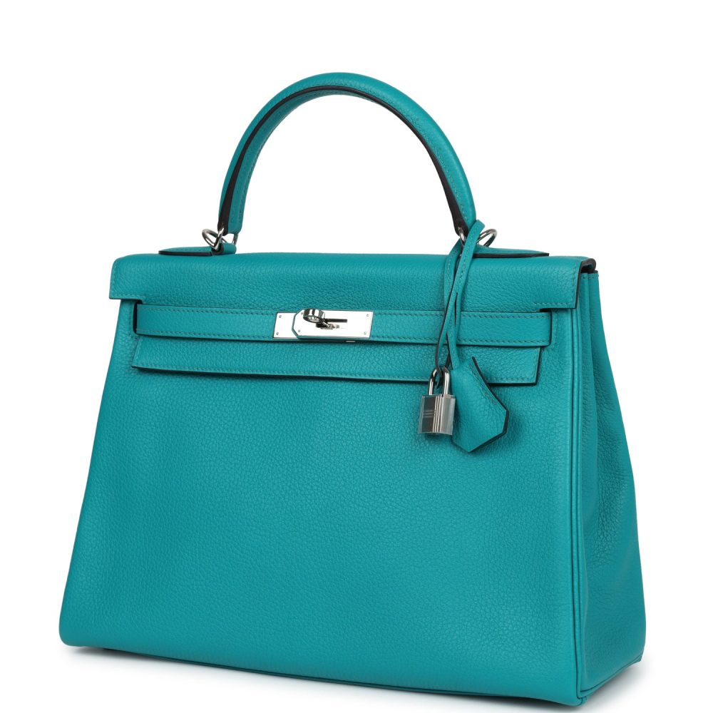 Pre-owned Hermes Kelly Retourne 32 Bleu Paon Clemence Palladium Hardware - Image 5
