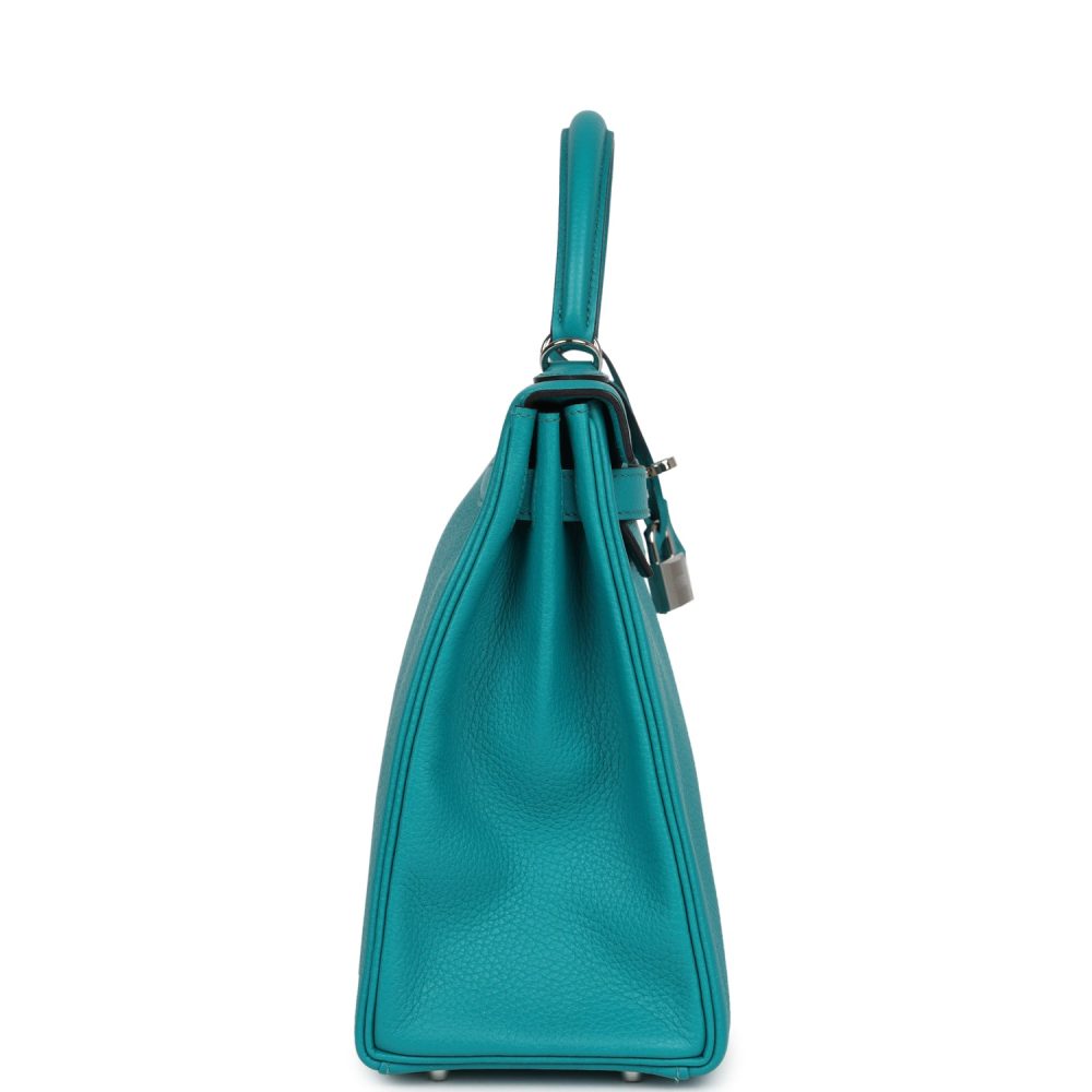 Pre-owned Hermes Kelly Retourne 32 Bleu Paon Clemence Palladium Hardware - Image 3