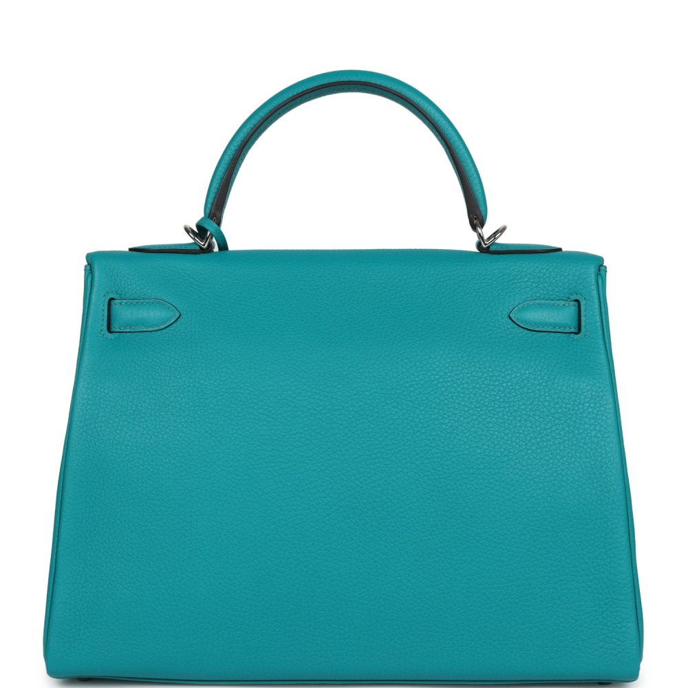 Pre-owned Hermes Kelly Retourne 32 Bleu Paon Clemence Palladium Hardware - Image 4