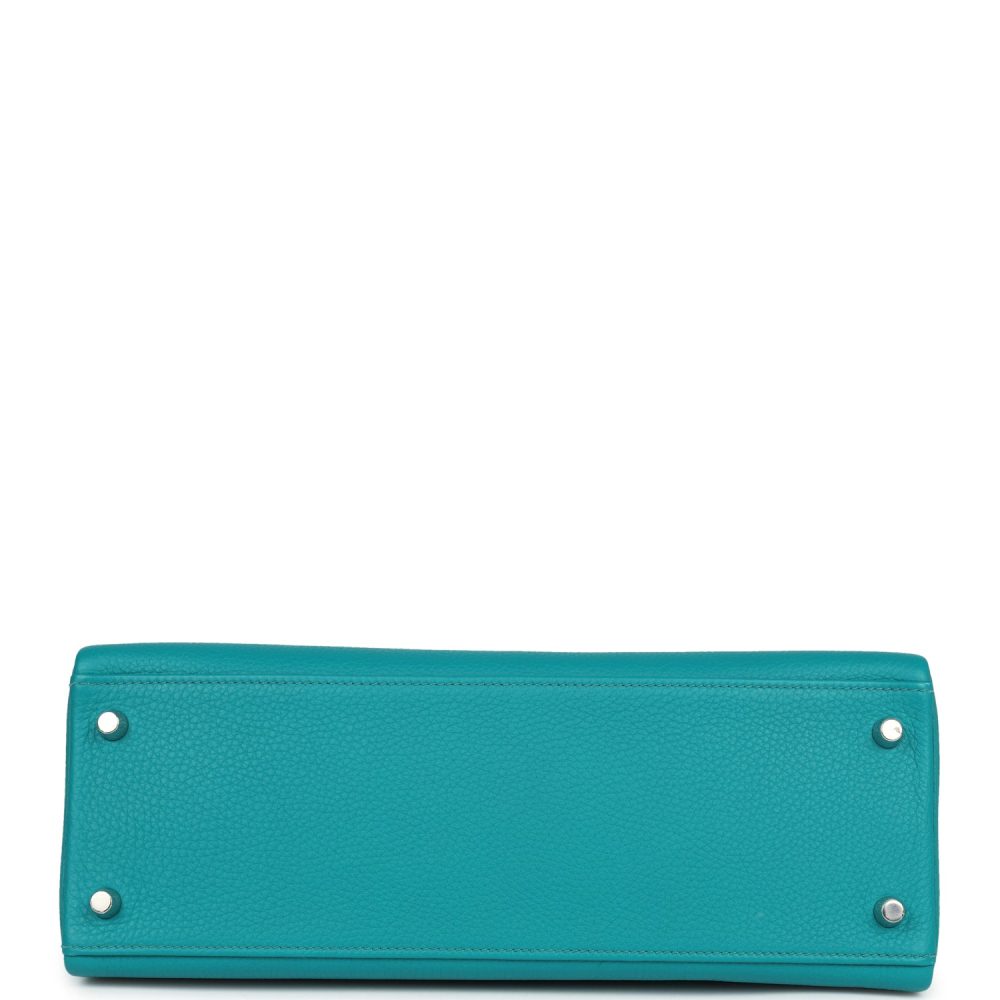 Pre-owned Hermes Kelly Retourne 32 Bleu Paon Clemence Palladium Hardware - Image 6