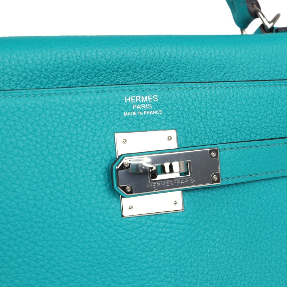 Pre-owned Hermes Kelly Retourne 32 Bleu Paon Clemence Palladium Hardware - Image 7