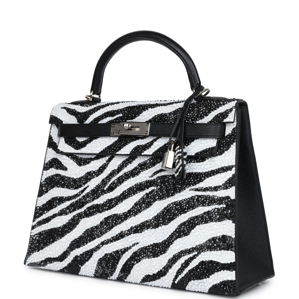 Custom Zebra Swarovski Crystal Hermes Kelly Sellier 32 Black Epsom Palladium Hardware - Image 4