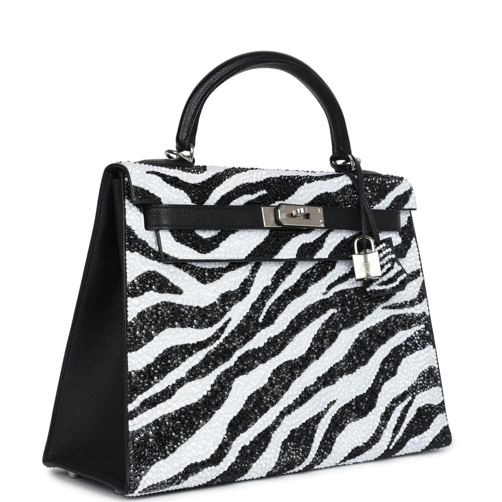 Custom Zebra Swarovski Crystal Hermes Kelly Sellier 32 Black Epsom Palladium Hardware - Image 2