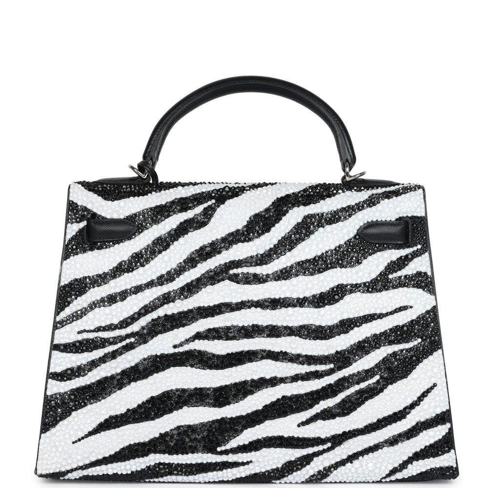 Custom Zebra Swarovski Crystal Hermes Kelly Sellier 32 Black Epsom Palladium Hardware - Image 5