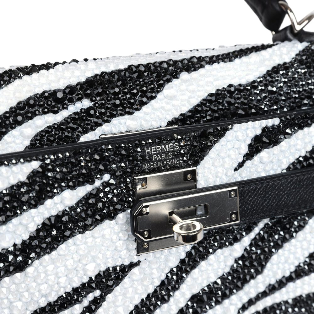 Custom Zebra Swarovski Crystal Hermes Kelly Sellier 32 Black Epsom Palladium Hardware - Image 7