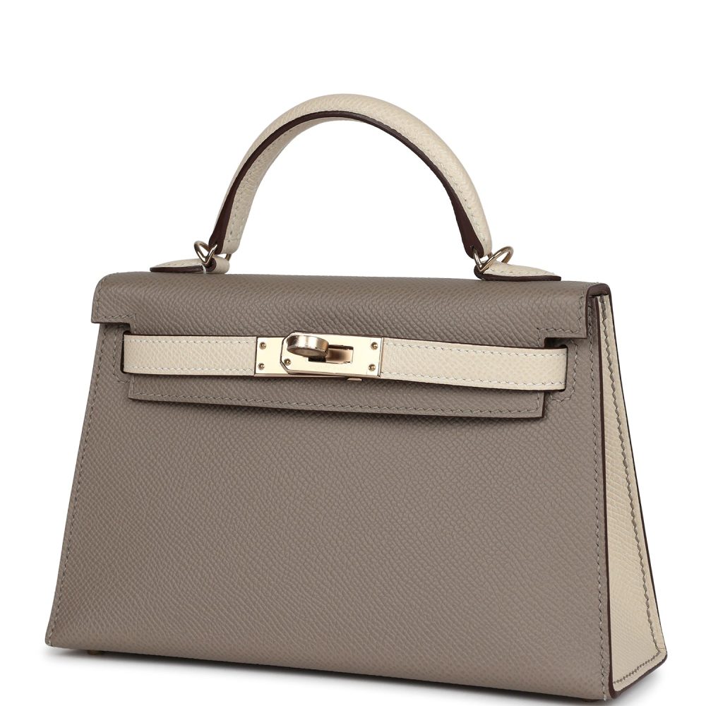 Pre-owned Hermes Special Order (HSS) Kelly Sellier 20 Craie and Gris Asphalte Epsom Permabrass Hardware - Image 5