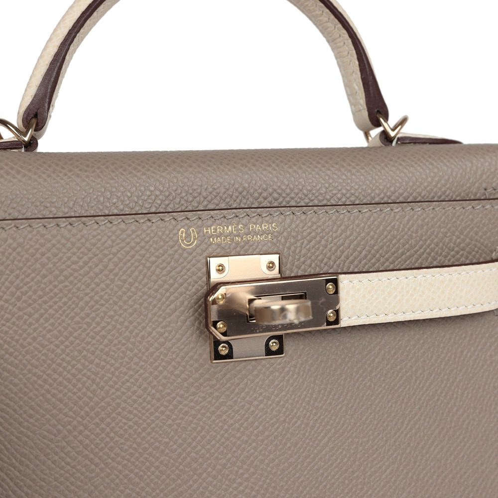 Pre-owned Hermes Special Order (HSS) Kelly Sellier 20 Craie and Gris Asphalte Epsom Permabrass Hardware - Image 7