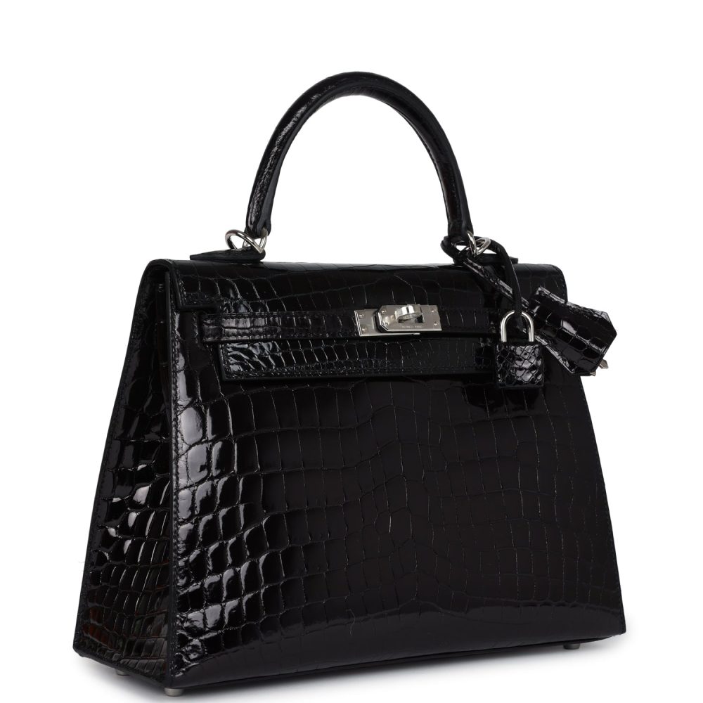 Hermes Kelly Sellier 25 Black Shiny Niloticus Crocodile Palladium Hardware - Image 2