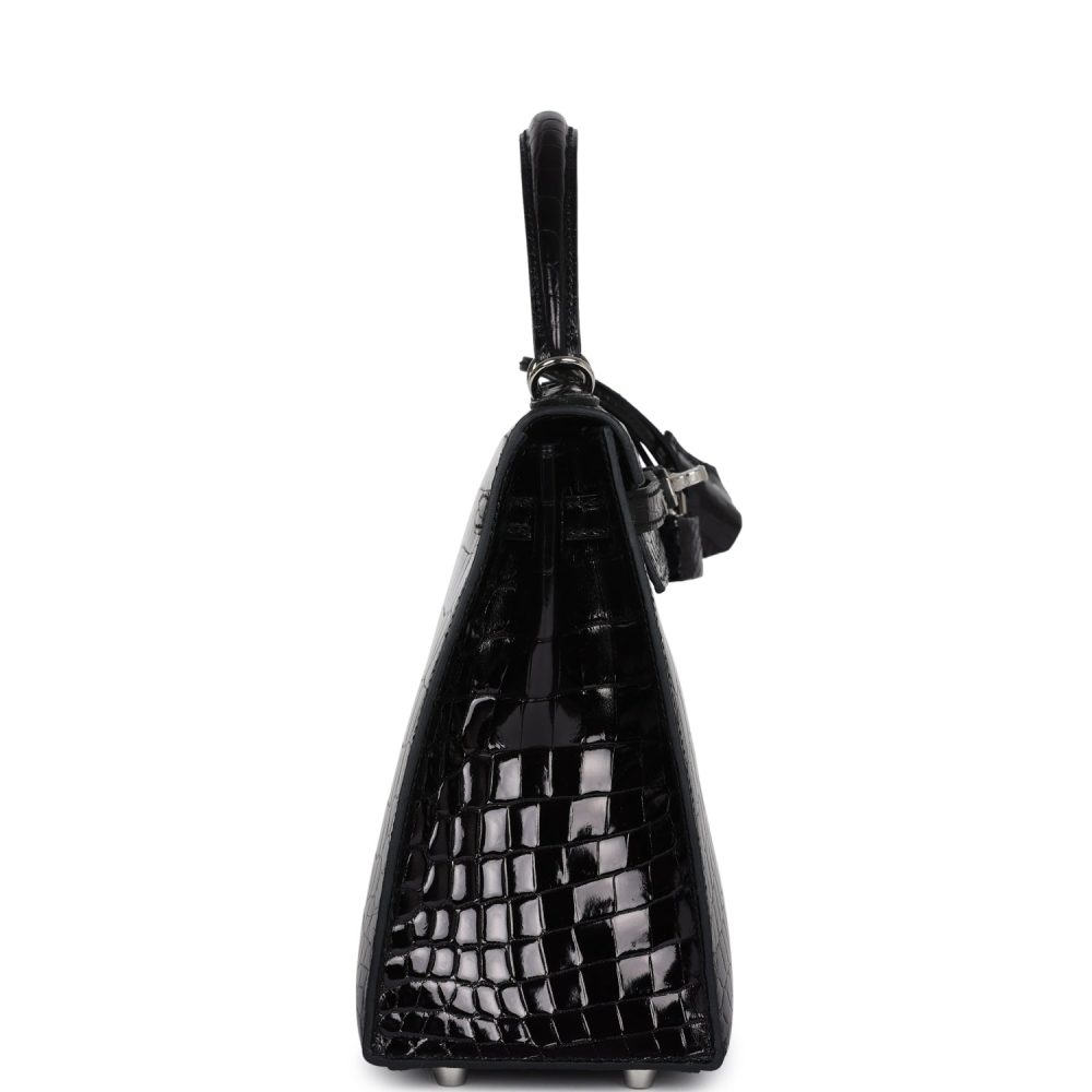 Hermes Kelly Sellier 25 Black Shiny Niloticus Crocodile Palladium Hardware - Image 3