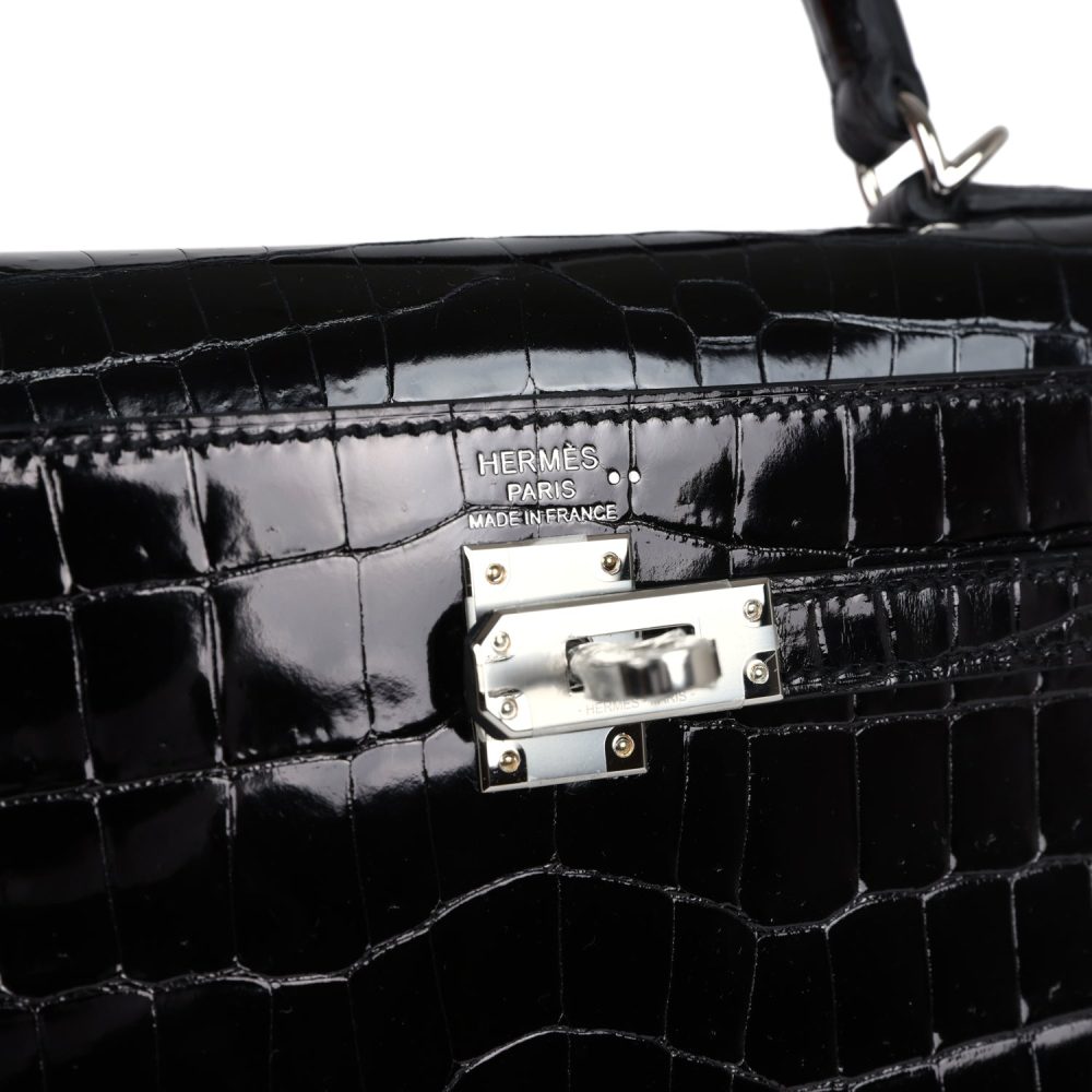 Hermes Kelly Sellier 25 Black Shiny Niloticus Crocodile Palladium Hardware - Image 6
