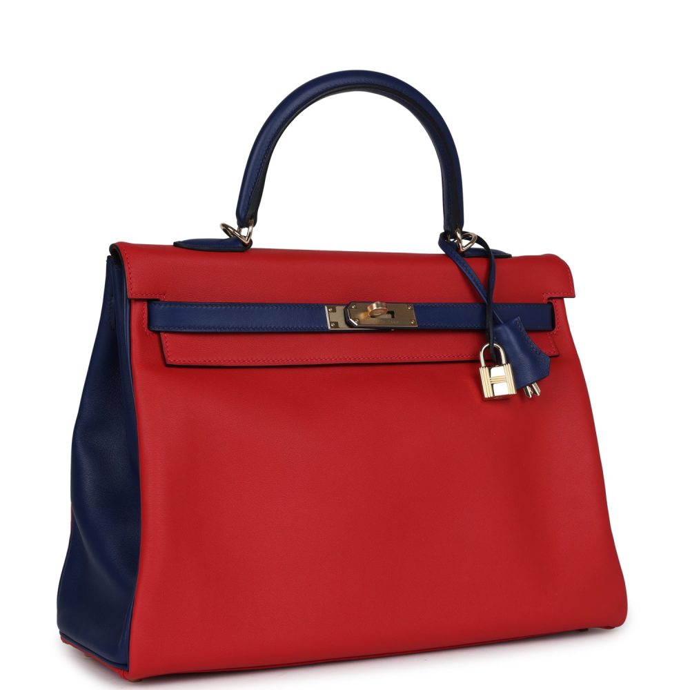 Hermes Special Order (HSS) Kelly Retourne 35 Vermillon and Bleu Saphir Swift Permabrass Hardware - Image 2