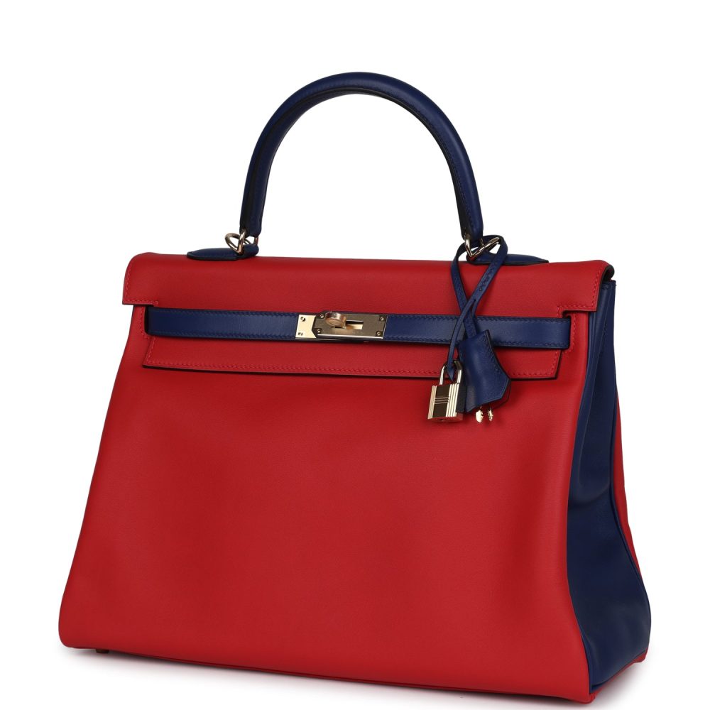 Hermes Special Order (HSS) Kelly Retourne 35 Vermillon and Bleu Saphir Swift Permabrass Hardware - Image 5