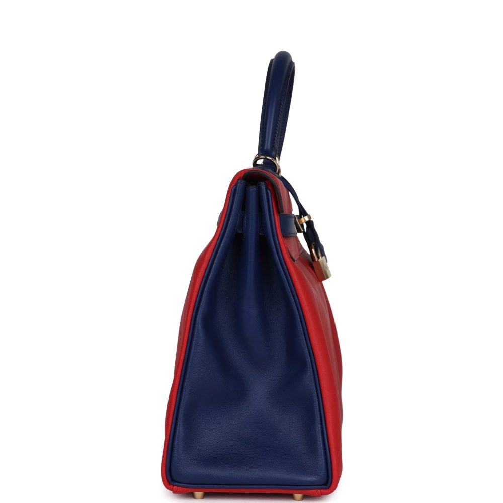 Hermes Special Order (HSS) Kelly Retourne 35 Vermillon and Bleu Saphir Swift Permabrass Hardware - Image 3
