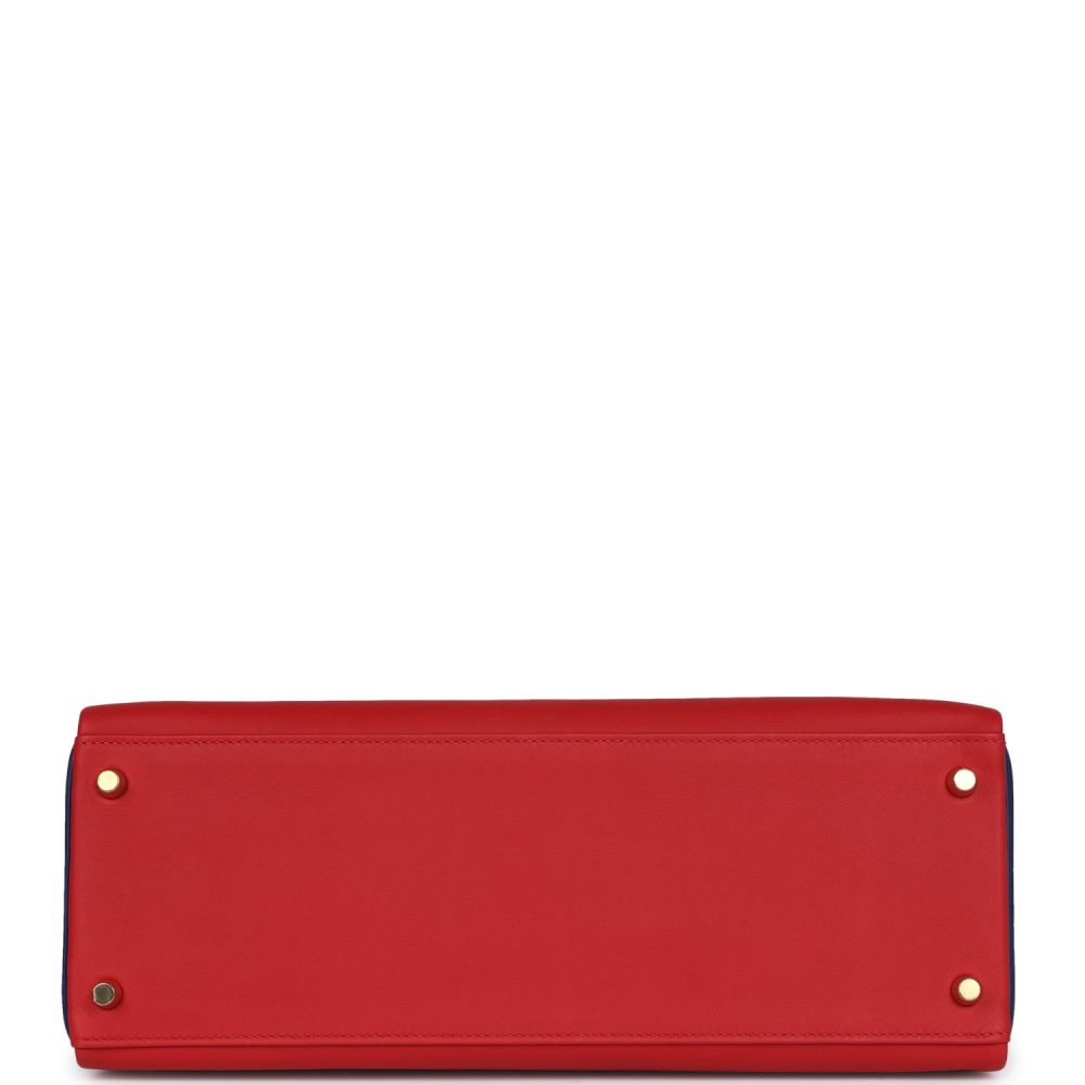 Hermes Special Order (HSS) Kelly Retourne 35 Vermillon and Bleu Saphir Swift Permabrass Hardware - Image 6