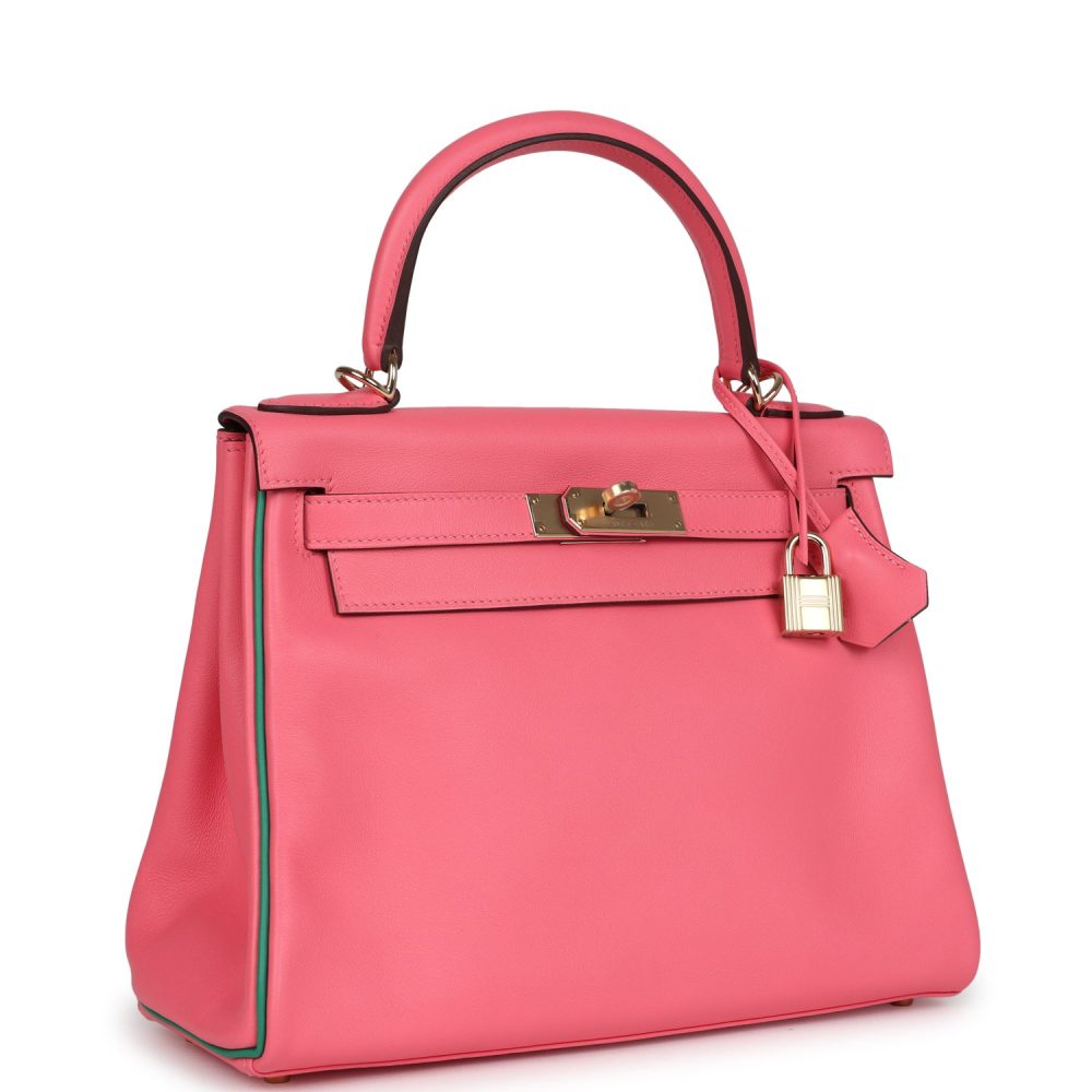 Hermes Special Order (HSS) Kelly Retourne 28 Rose Azalee and Vert Vertigo Swift Gold Hardware - Image 2