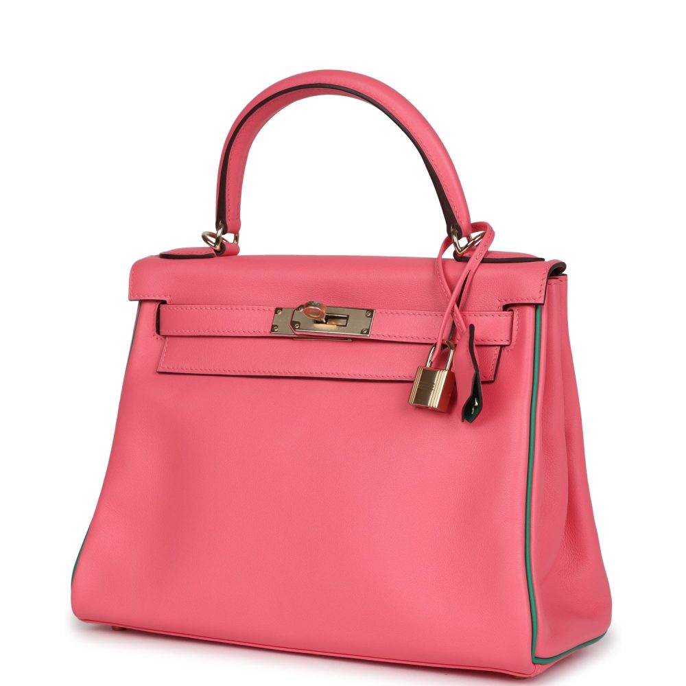Hermes Special Order (HSS) Kelly Retourne 28 Rose Azalee and Vert Vertigo Swift Gold Hardware - Image 5