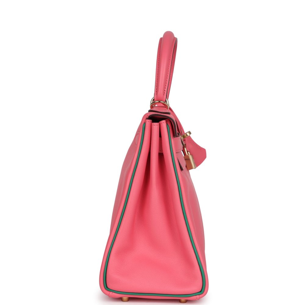 Hermes Special Order (HSS) Kelly Retourne 28 Rose Azalee and Vert Vertigo Swift Gold Hardware - Image 3